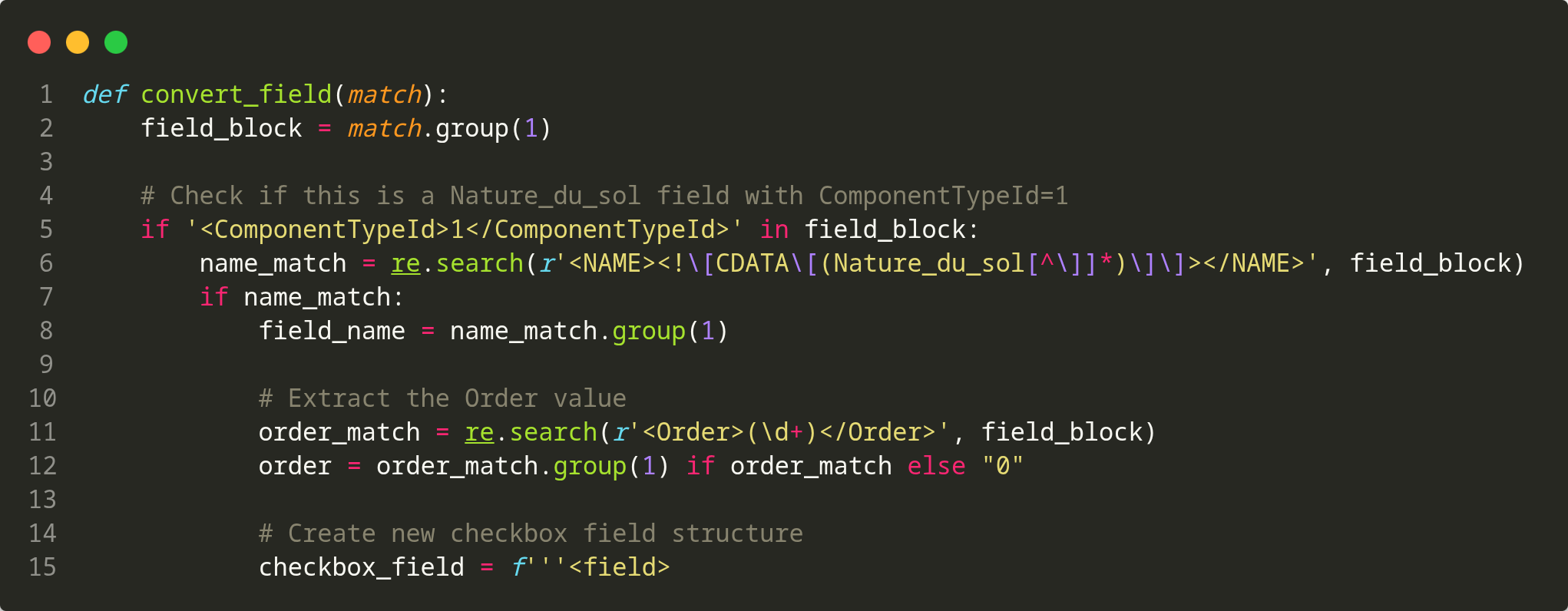 Capture d'écran du code pour changer un champ texte en champ de choix dans le formulaire